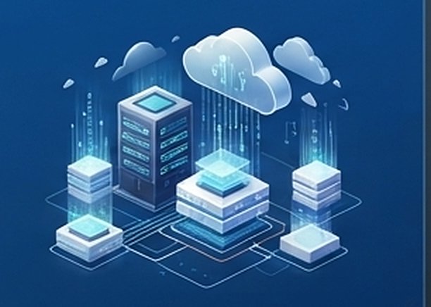 Isometric illustration of servers connected to the cloud
